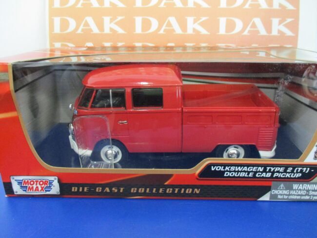 Die cast 1/24 Modellino Furgone Volkswagen T1 Double Cab Pick Up rosso Motor Max - immagine 4