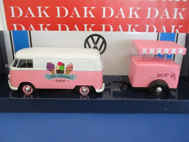 Die cast 1/24 Modellino Furgone Volkswagen T1 Transporter Ice Shop + Trailer