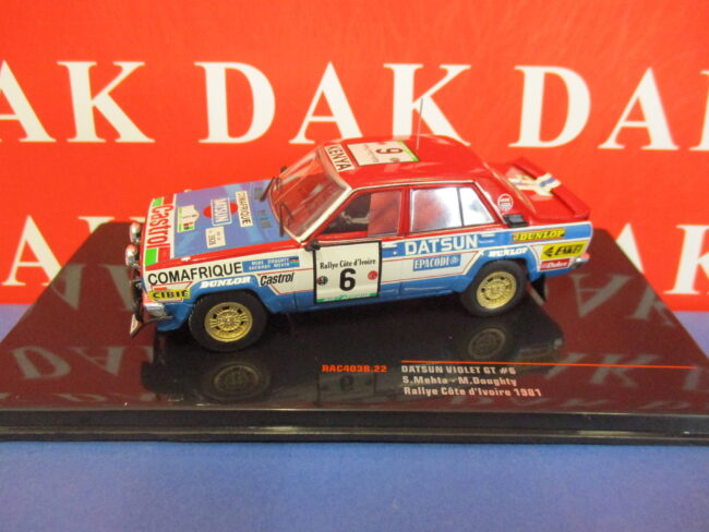 Die cast 1/43 Modellino Auto Datsun Violet GT Rally Costa Avorio 1981 S. Mehta